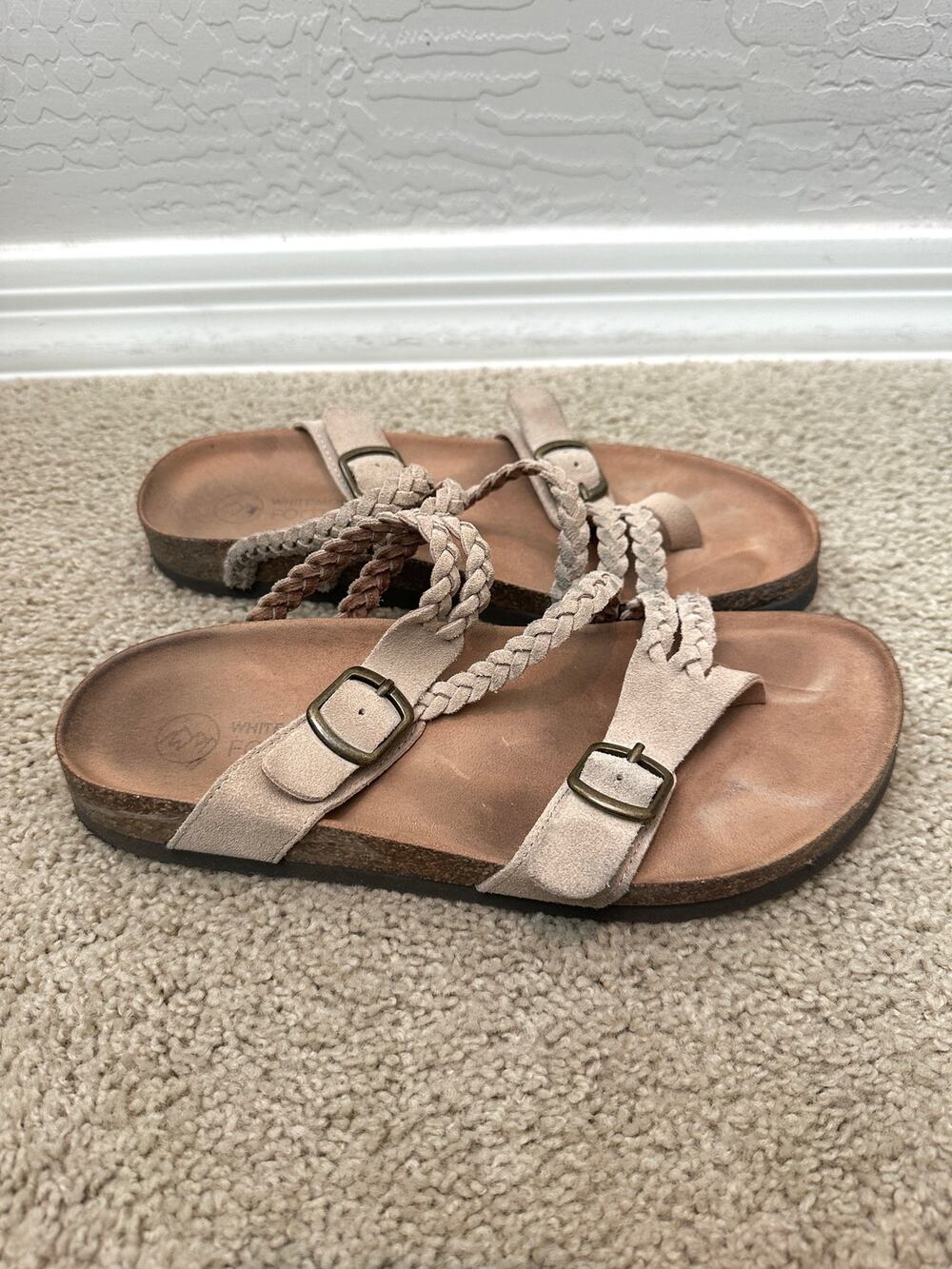 WHITE MOUNTAIN Footbeds Beige Suede Braided Buckle Sandals Boho Comfort Sz 9